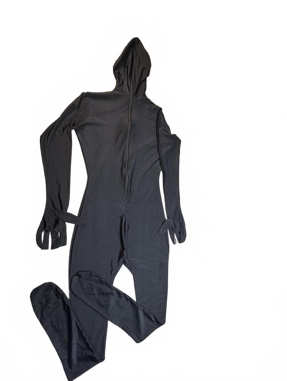 HALLOWEEN COSTUME Black Hooded Stretch Full Body Catsuit Jumpsuit Size S